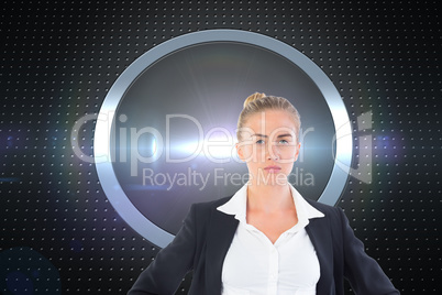 Composite image of businesswoman standing with hands on hips Composite image of businesswoman standing with hands on hips