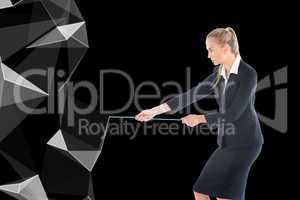 Composite image of businesswoman pulling a rope