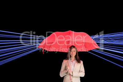 Composite image of attractive businesswoman holding red umbrella