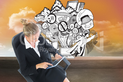 Composite image of businesswoman sitting on swivel chair with ta