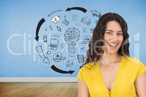 Composite image of smiling casual young woman scrolling on her t