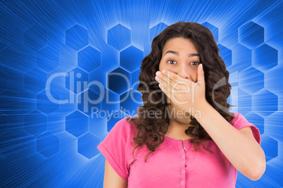 Composite image of brown haired woman being shocked