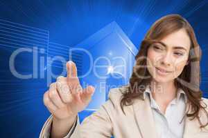 Composite image of businesswoman touching invisible screen