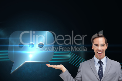 Composite image of smiling businessman presenting something with