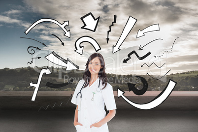 Composite image of confident and smiling woman doctor standing i