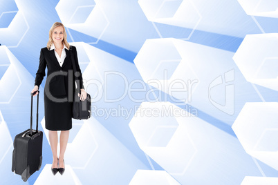 Composite image of smiling businesswoman holding a suitcase