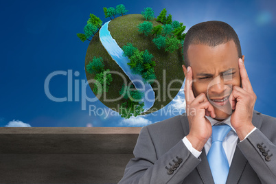 Composite image of stressed businessman putting his fingers on h