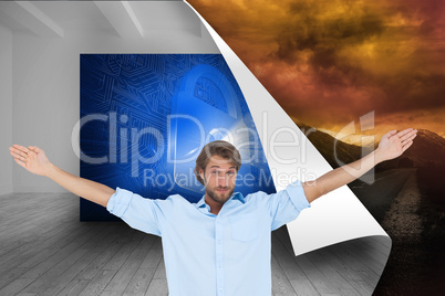 Composite image of handsome man raising hands