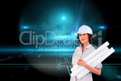 Composite image of confident woman holding construction plans