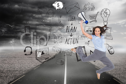 Composite image of cheerful classy businesswoman jumping while h