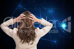 Composite image of young classy businesswoman with hands on head