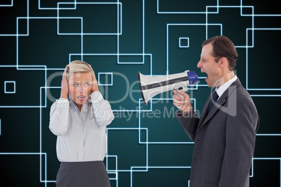 Composite image of businessman shouting at colleague with his bu