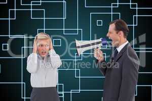 Composite image of businessman shouting at colleague with his bu