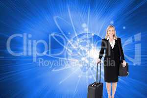 Composite image of smiling businesswoman holding a suitcase