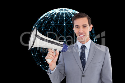 Composite image of smiling businessman holding a megaphone