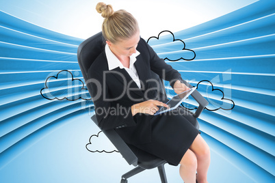 Composite image of businesswoman sitting on swivel chair with ta