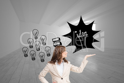 Composite image of smiling businesswoman raising her hand