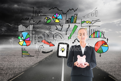 Composite image of businesswoman holding pink piggy bank