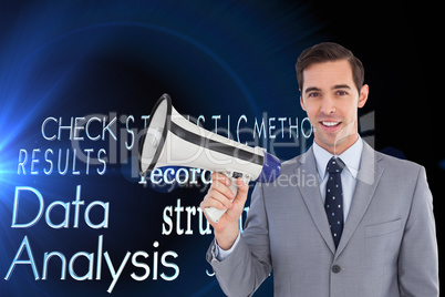 Composite image of smiling businessman holding a megaphone