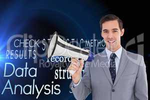 Composite image of smiling businessman holding a megaphone