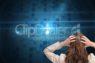 Composite image of young classy businesswoman with hands on head