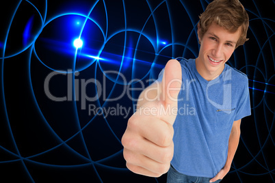 Composite image of fisheye view of a male student the thumb-up