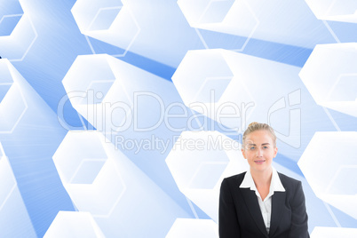 Composite image of businesswoman using laptop