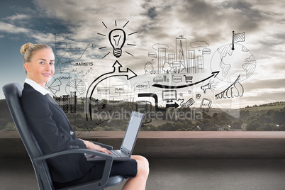 Composite image of businesswoman sitting on swivel chair with la