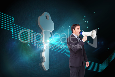 Composite image of standing businessman shouting through a megap