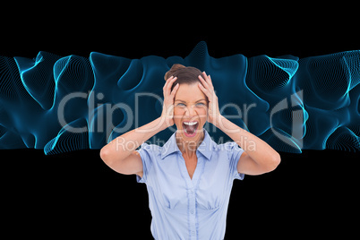 Composite image of stressed businessswoman with hand on her head