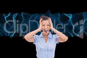 Composite image of stressed businessswoman with hand on her head