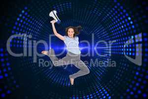 Composite image of cheerful classy businesswoman jumping while h