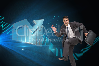 Composite image of happy businessman in a hury