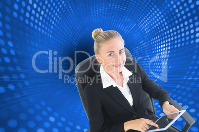 Composite image of businesswoman sitting on swivel chair with ta