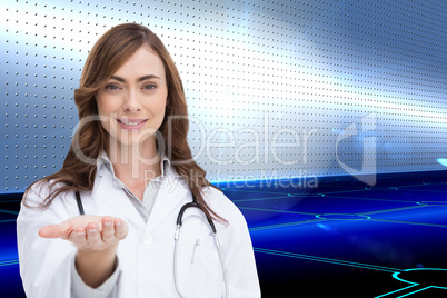 Composite image of portrait of female nurse holding out open pal