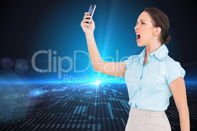 Composite image of angry classy businesswoman yelling at her sma