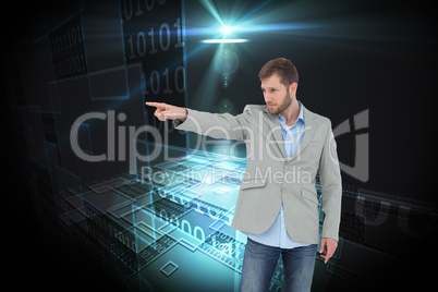 Composite image of trendy model pointing to something