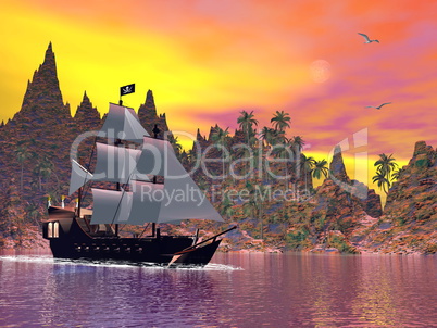 pirate ship by sunset - 3d render
