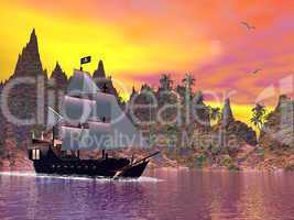 pirate ship by sunset - 3d render