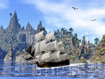 pirate ship on the coast - 3d render