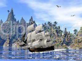 pirate ship on the coast - 3d render