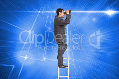 Composite image of businessman standing on ladder