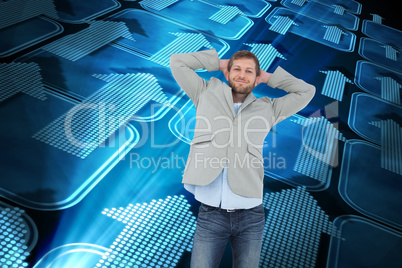 Composite image of suave man in a blazer with hands behind head