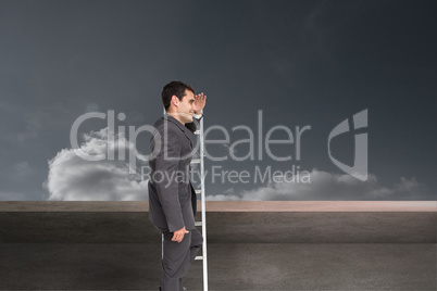 Composite image of happy businessman standing on ladder