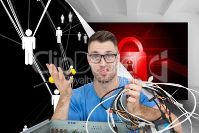 Composite image of portrait of confused it professional with scr