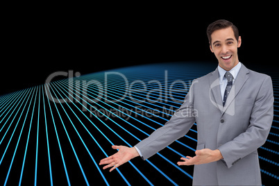 Composite image of happy businessman giving a presentation with