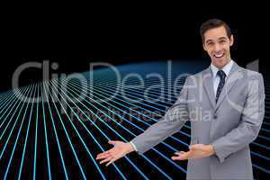 Composite image of happy businessman giving a presentation with