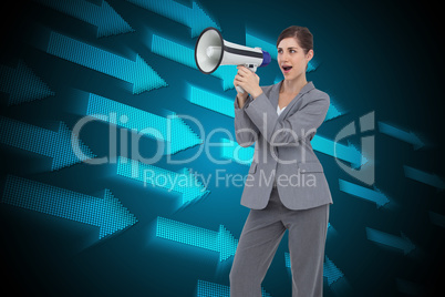 Composite image of businesswoman with loudspeaker