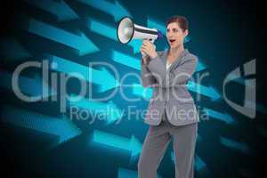 Composite image of businesswoman with loudspeaker