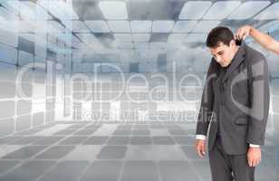 Composite image of businessman hanging